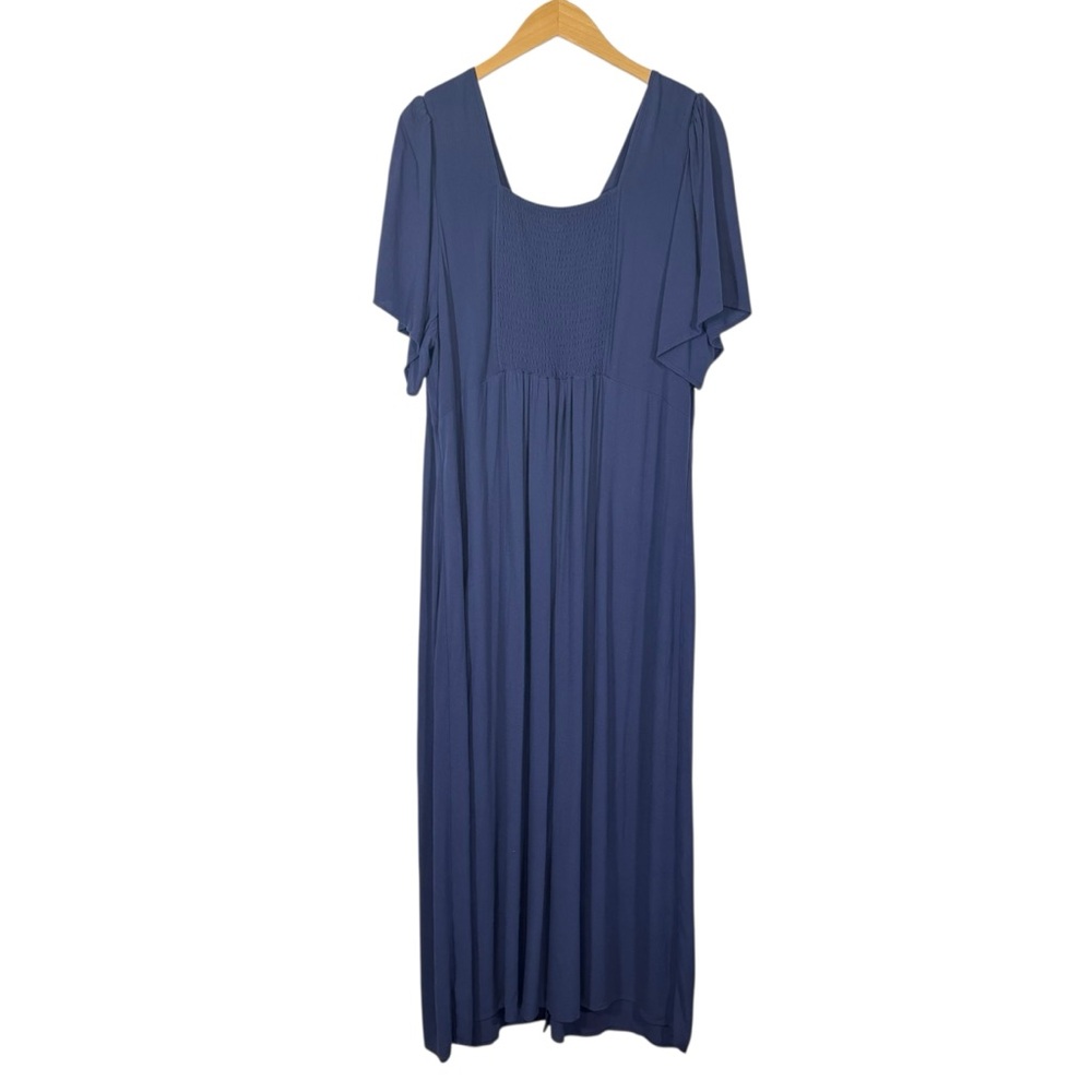 Old Navy Blue Volcanic Glass Waist Defined Midi Dress Sz XL Boho V Neck Peasant - Picture 5 of 14